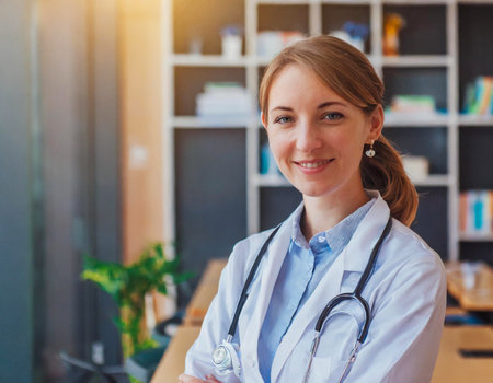 Portrait of young female doctor arms crossed smiling in her officeの素材