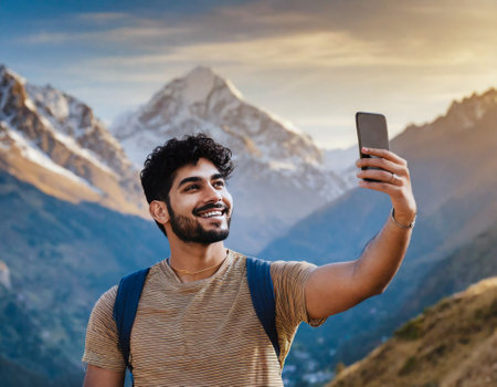 man tan beard makes a selfie phone cell in vacation mountain backgroundの素材