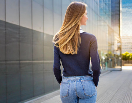 behind rear view young blonde woman in slim jeans fashion girl walking in streetの素材