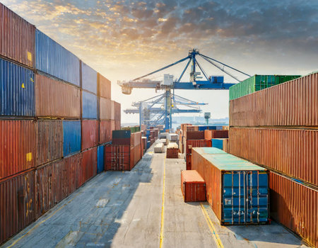 Stacked cargo containers in harbor storage area of freight sea port terminal in concept of export import and harbor delivery of goodsの素材