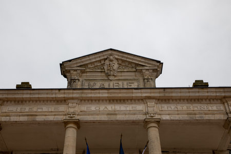 mairie liberte egalite fraternite in france text sign on facade building mean town hall freedom equality fraternity in city hall entrance officeの写真素材