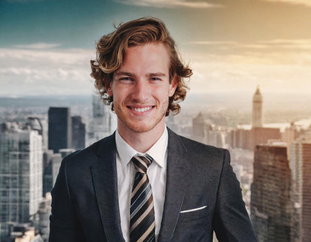 handsome man portrait long hairs forehead background city in business uniformの素材