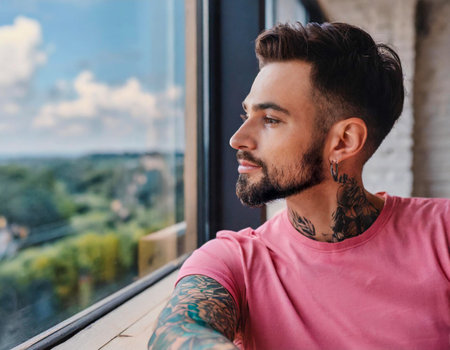 Calm young man in pink t-shirt with tattoo on arms looking through window pensiveの素材