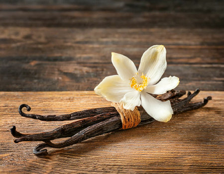 Dried vanilla pods and flower on dark wooden backgroundの素材