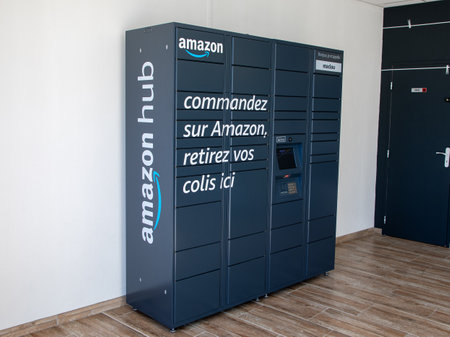 Bordeaux , France - 03 08 2024: amazon hub locker logo brand and text sign on gray Lockers Delivery Store self service delivery location to pick up parcelのeditorial素材