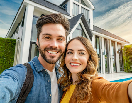 portrait of cute young cheerful couple in front of new homeの素材