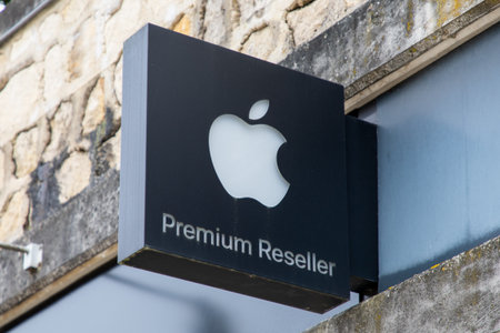 Angouleme , France -  04 08 2024 : Apple premium reseller shop logo fruit brand and sign front of...