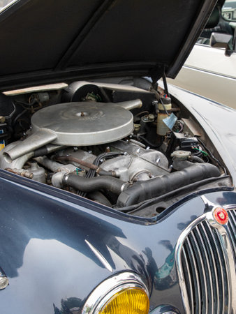 Bordeaux , France -  04 10 2024 : Jaguar xk 150 car logo brand and text sign front and engine hood motor of classic retro vintageのeditorial素材