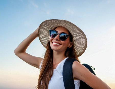 Happy young tourist cheerful woman brunette beach hat sunglasses and backpack in vacationの素材
