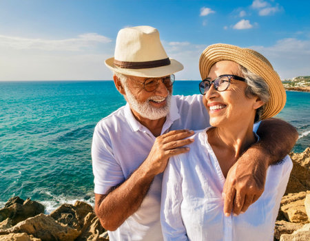 Senior couple smiling happy relaxing man woman by ocean sea coast on sunny day vacationの素材