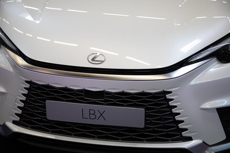 Bordeaux , France - 05 30 2024: Lexus lbx metal chrome blue logo brand and sign closeup on front hybrid carのeditorial素材