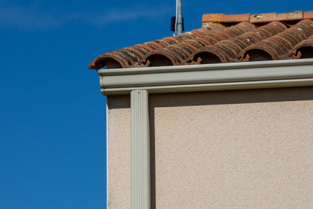 House corner flat roof rainwater head with steel gutter rain brown aluminum system drainage pipes...