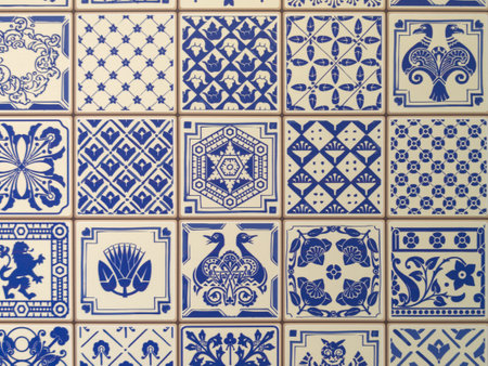 Traditional ornate portuguese decorative tiles wall azulejos vintage tile textureの写真素材