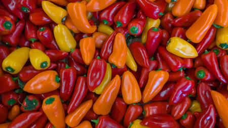 Red and yellow color small peppers background in top view