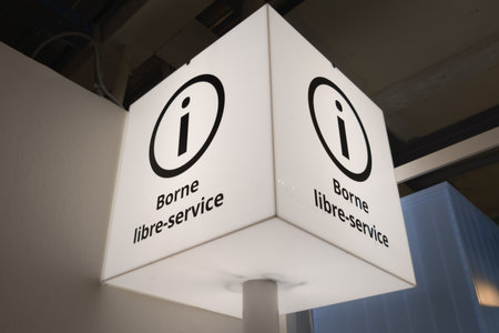 self-service terminal checkout kiosk information text sign place of self-service payment machine in...
