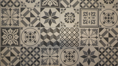 background seamless texture of old stone wall Azulejo patchwork tile ancient retro surface header in...