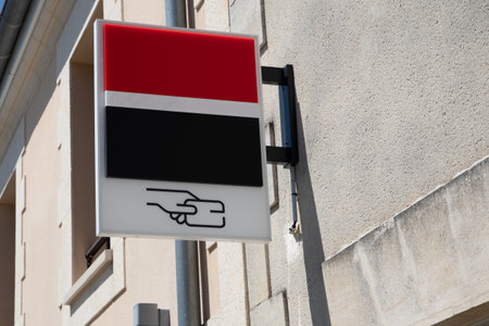 Bordeaux, France - 08 07 2024: Societe Generale red black logo sign and ATM brand of office French bank agencyのeditorial素材