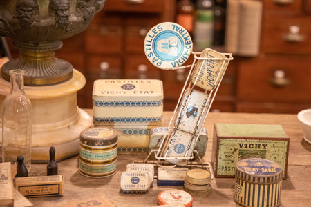 Vichy, France - 08 07 2024: Vichy state box can candy of peppermint for sale in a specialized candies shop vintage ancient displayのeditorial素材