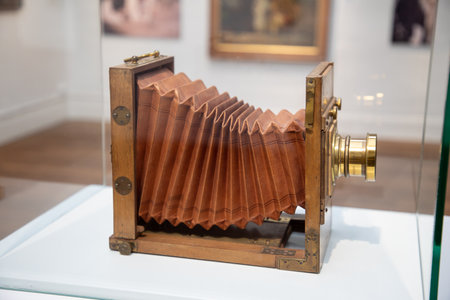 retro camera copper wooden and leather ancient in museumの写真素材