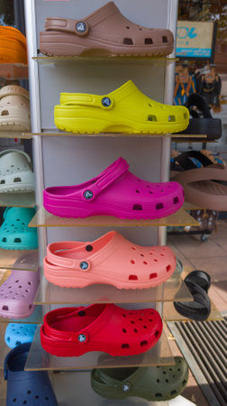 Bordeaux , France - 09 04 2024: Crocs shop footwear display boutique us footwear company store manufactured foam clog plastic shoesのeditorial素材