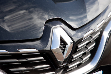 Bordeaux, France - 09 07 2024: Renault front car logo brand and chrome sign French multinational automobile manufacturerのeditorial素材