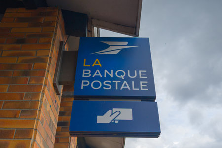 Bordeaux, France - 10 09 2024: La Banque Postale logo sign and brand logo entrance blue facade of office wall French bank post agencyのeditorial素材