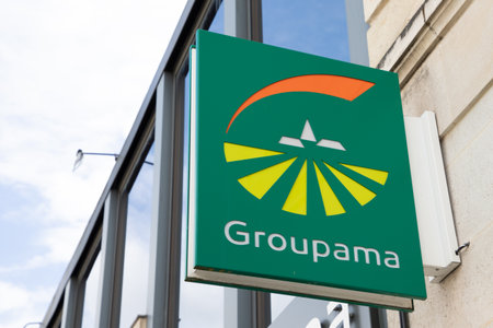 Bordeaux, France - 09 08 2024: Groupama logo green brand and text sign on wall facade French office insurance chain agencyのeditorial素材