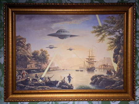 Bordeaux, France - 09 02 2024: Banksy UFO Invasion Fine Art Paper Canvas Print Reproduction in frameのeditorial素材