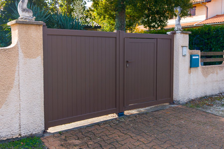 modern door brown gate aluminum portal with pedestrian door design of new suburban house