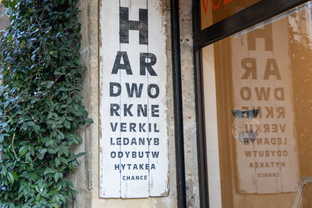 Snellen eye chart test of entrance ophthalmology optical shop facadeの写真素材