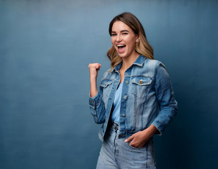 Business woman celebrating win success in denim vest clothingの素材