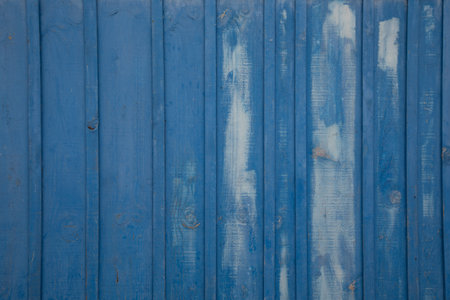 blue wooden slats plank background with old painted boardsの写真素材