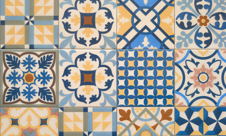 background ornate portuguese decorative tiles wall azulejos vintage tile textureの写真素材