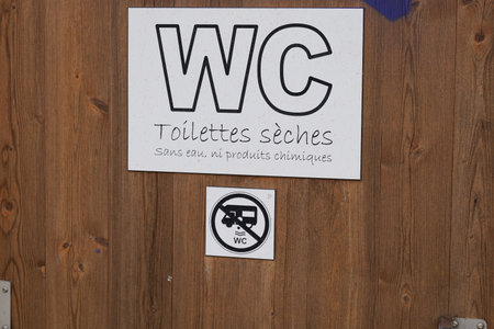toilets dry without water or chemicals french text sign means dry toilets without water or chemicals and forbidden for motorhome camper wcの写真素材