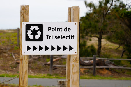point de tri selective sign panel french text means selective sorting point access with arrow boardの写真素材
