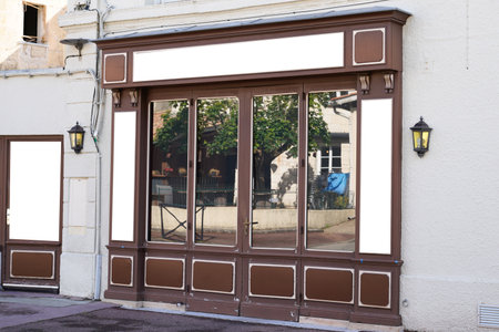 mockup wooden shop door entrance ancient brown wooden vintage facade closed store style storefront boutiqueの写真素材