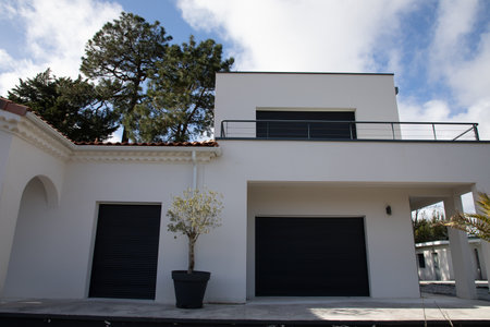 door windows facade square modern building house of contemporary new home grayの写真素材