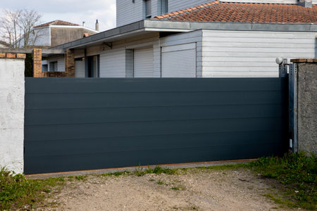 portal classic steel gray aluminum slide gray metal gate sliding door home of private houseの写真素材