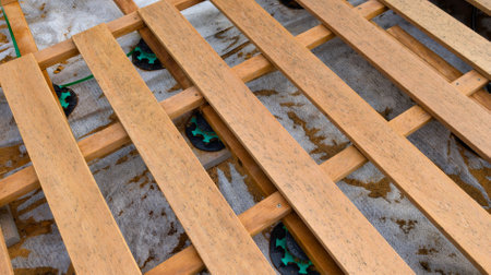 wooden site construction of a new natural wood plank floor of a terrace douglas firの写真素材