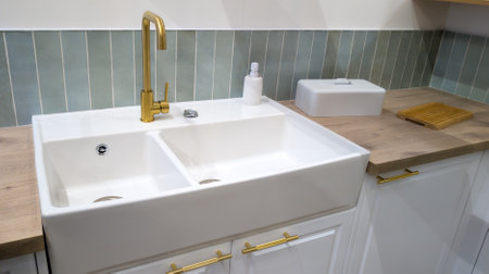 white counter sink with gold faucet on a wooden worktop with box and bread board in the kitchen countertop applianceの写真素材