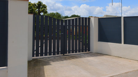 gate facade entrance car dark house door planks metal portal gray driveway entrance gates house gray...