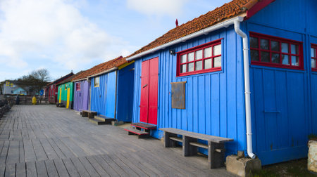 fisherman cabins colorful fishing hut on the west coast of France on oleron islandの写真素材