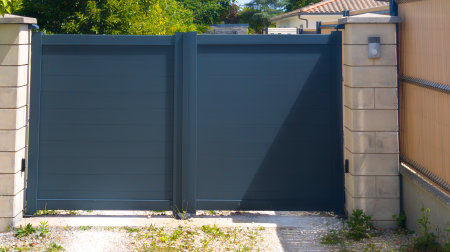 aluminum gray modern style home gray high double gate portal of suburb door house entrance from streetの写真素材