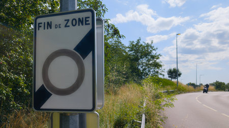 zfe low emission zone sign panel french text fin de zone means end of zone in France reserved for car least polluting vehiclesの写真素材