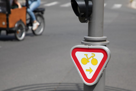 cycle road sign turn right right sign panel for cyclist on bicycleの写真素材