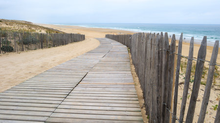 wooden floor pathway access in lacanau ocean beach in west coast in southwest sea coast in Franceの写真素材