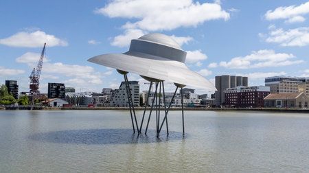 Bordeaux , France - 09 10 2025: spacecraft work of art of a town giant flying saucer in Bordeaux...