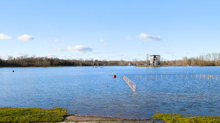 lac des dagueys panoramic view in city of libourne in west franceの写真素材