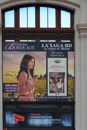 Bordeaux , France - 12 01 2025: chateaux bordeaux logo brand and text sign advertising wine comic book series in a french doorway advertのeditorial素材