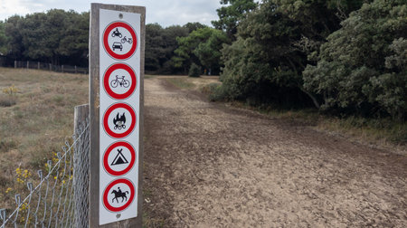 road sign pathway regulatory signpost prohibiting vehicles fire and camping on a dirt trail pines forestの写真素材